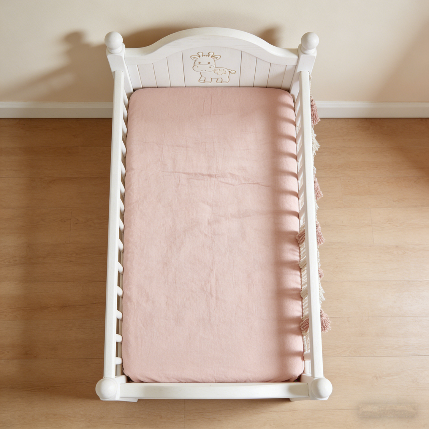 GiraffeHaven Toddler Bed: The Carved White Wood Kids’ Bed with Macramé Accents