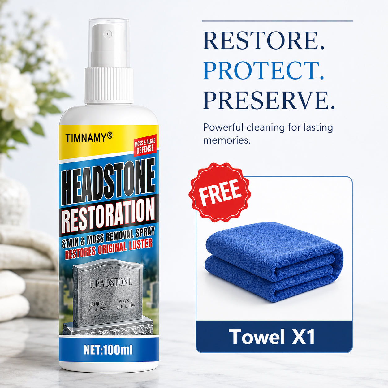 ✨ TIMNAMY®Ultimate Memorial Stone & Headstone Cleaner Spray | Safe on Granite & Marble | Removes Algae & Yellow Stains 🌿🕯️